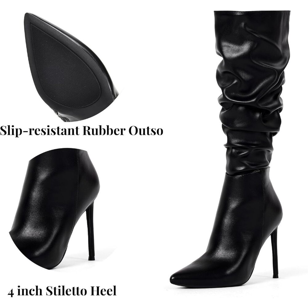 Women's Black-Pu Suede Knee High Side Zipper Pointed Toe Stylish Dress Boot - Picture 4 of 6